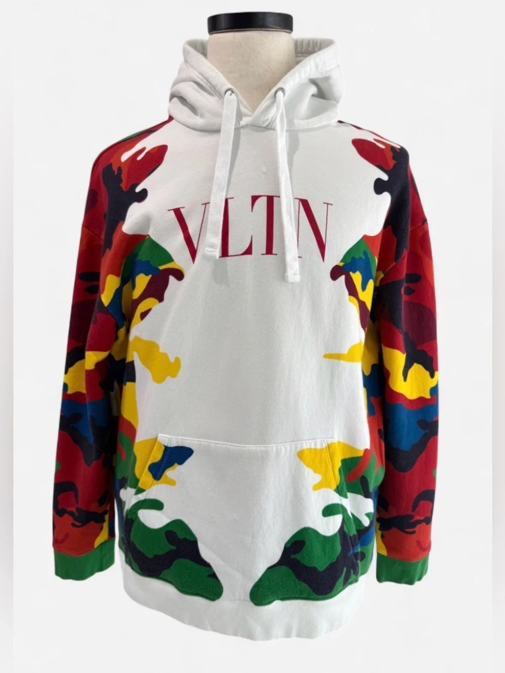 Valentino White Hooded Sweater with Red Logo and Multi-Color Camouflage